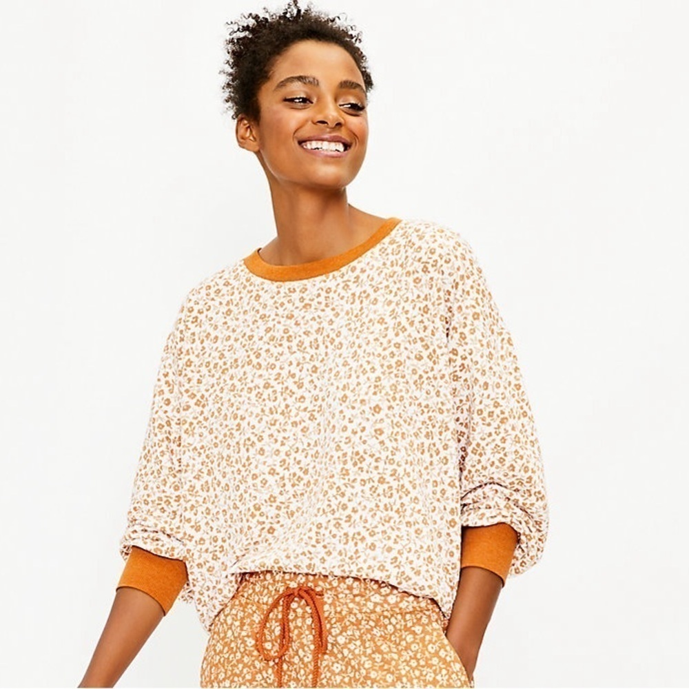 Lou & Grey | Floral Ditzy Cozy Cotton Terry Sweatshirt Cream & Orange Medium